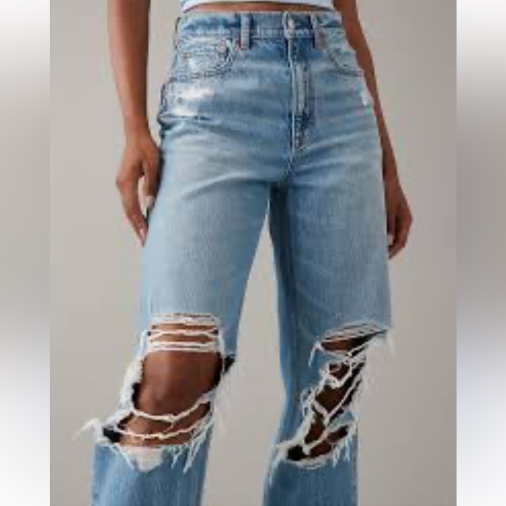 American Eagle Womens Super High Rise Ankle Straight Jeans Sz 6 Distressed Loose
